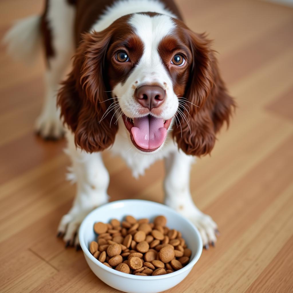 A happy dog enjoying a bowl of pork-based dog food