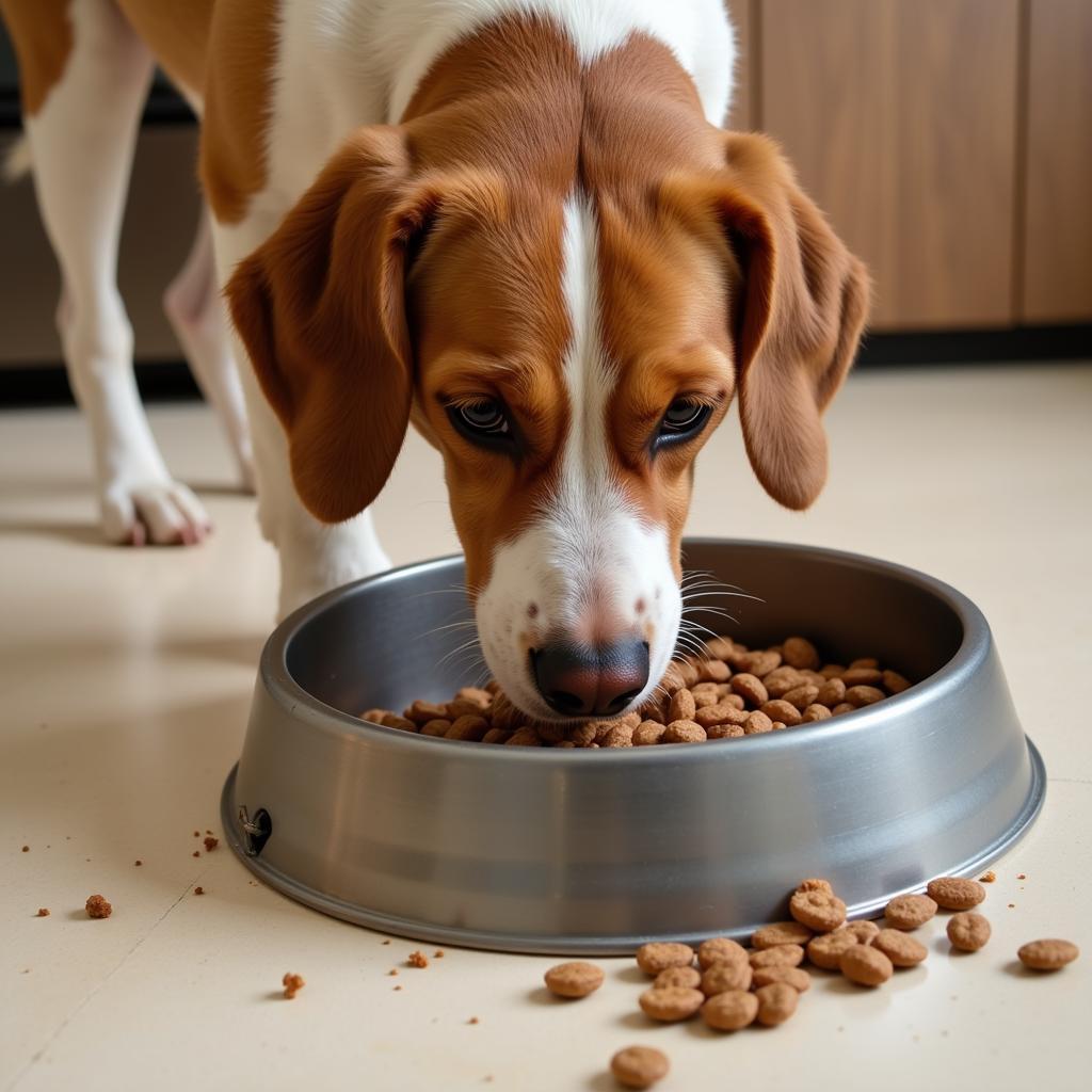 A happy dog enjoying a bowl of pork-based dog food.