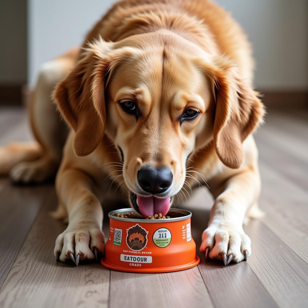 Happy Dog Eating Pro Plan Enriched Canned Dog Food