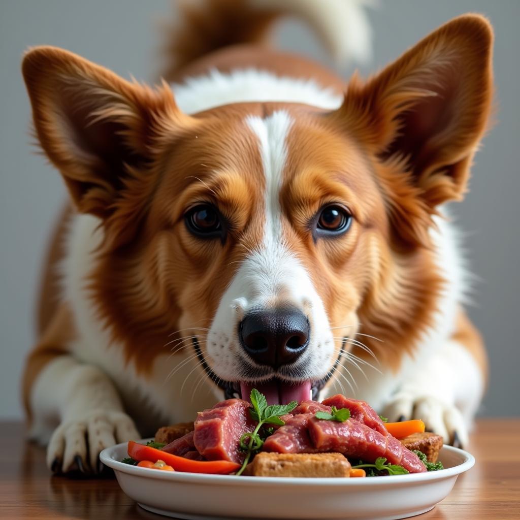 Happy Dog Eating Raw Food