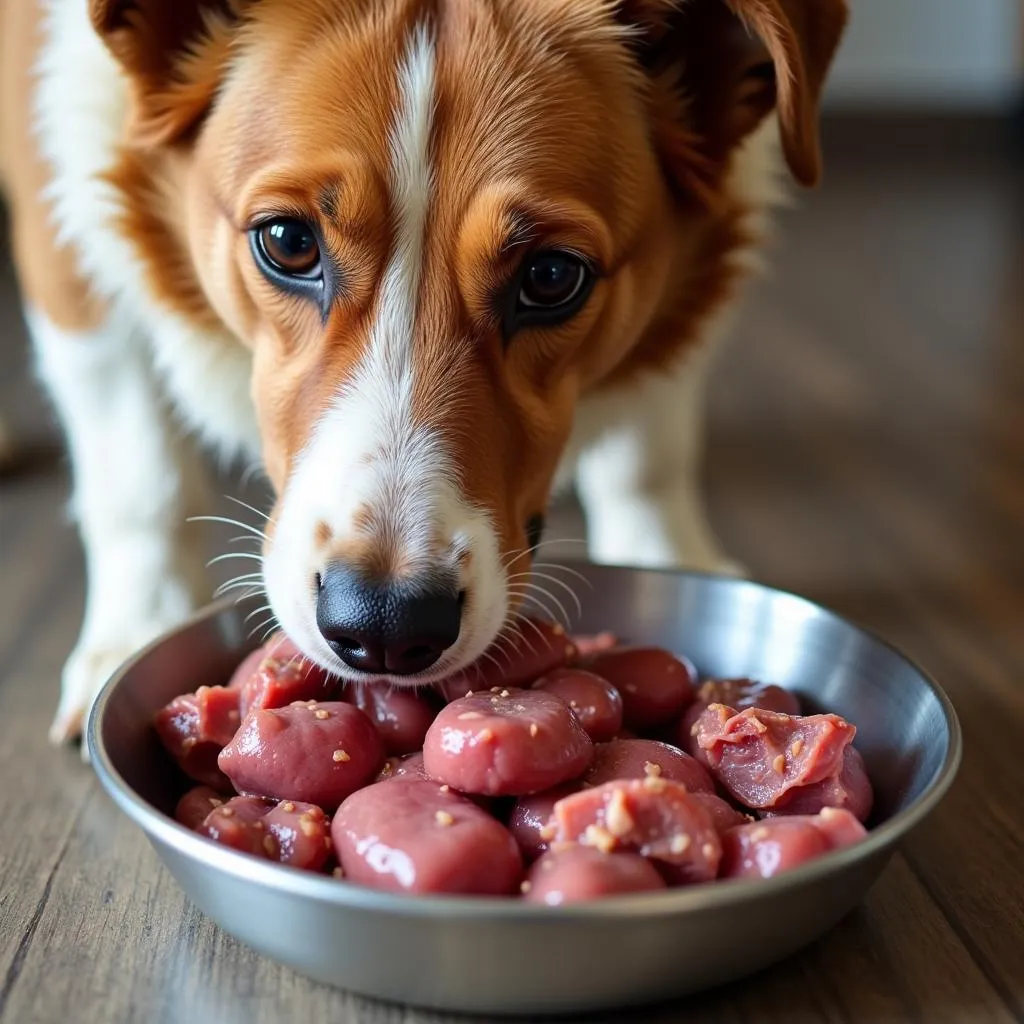 Happy dog eating raw food with organ meat