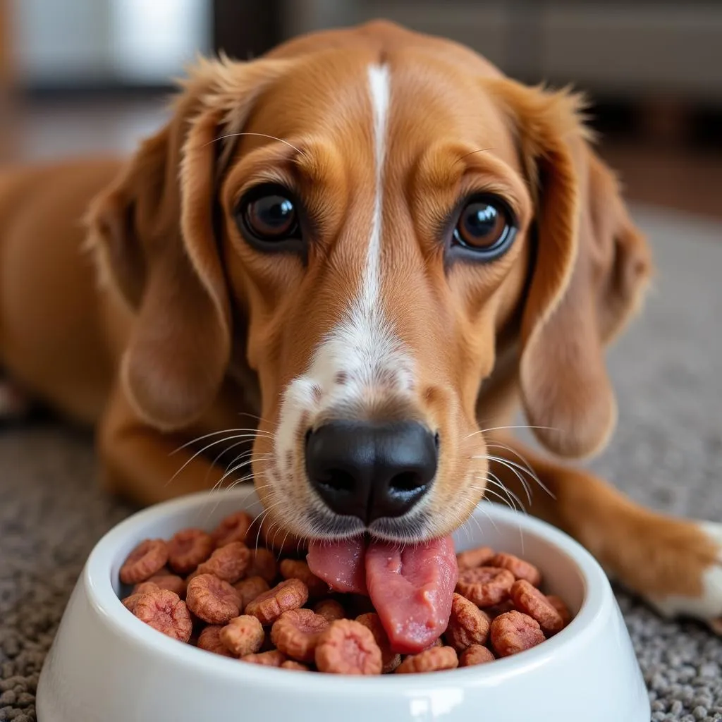 A happy dog enjoying a bowl of regional red dog food