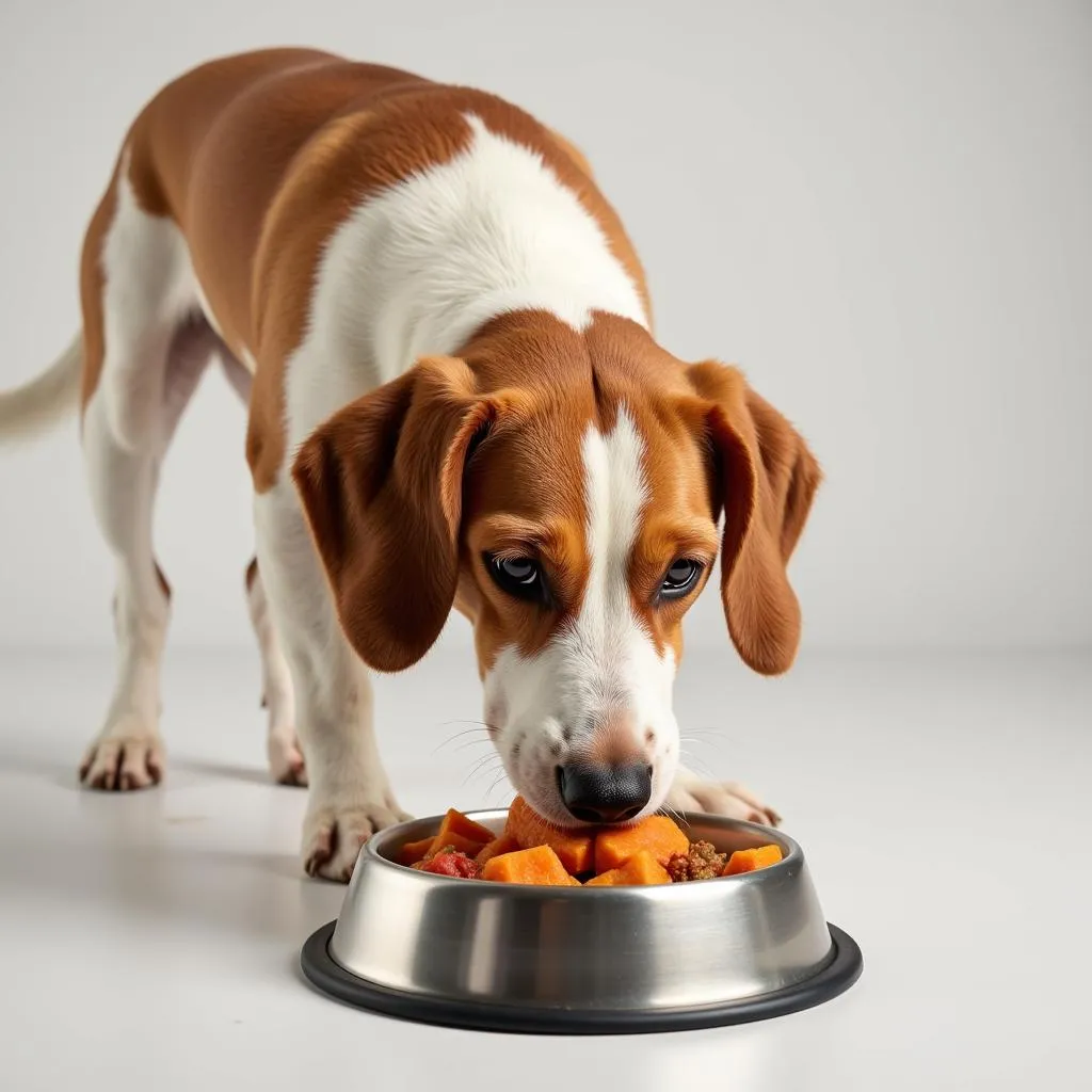 A happy dog enjoying a bowl of nutritious sweet potato and fish dog food.