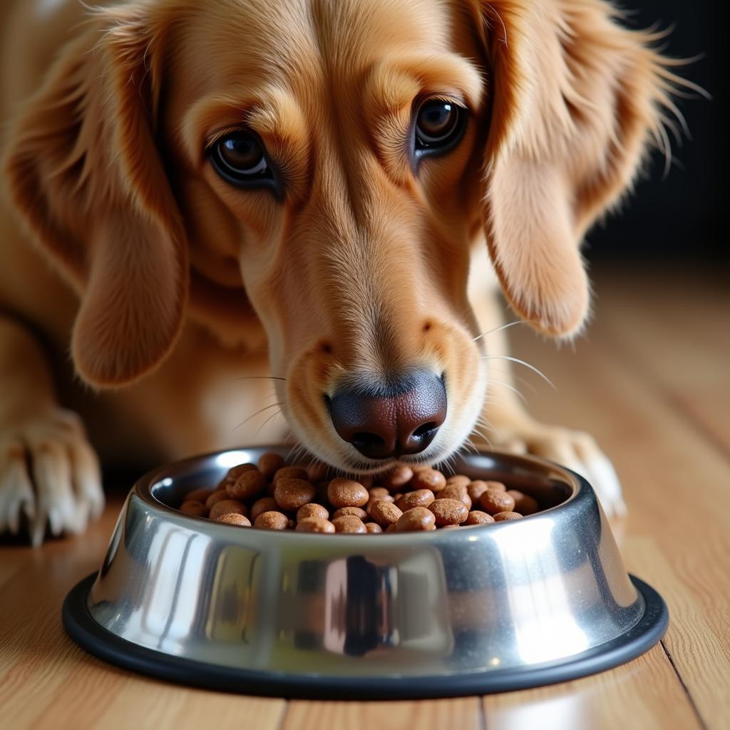  A happy Golden Retriever eagerly eating Taste of the Wild dog food from a bowl.