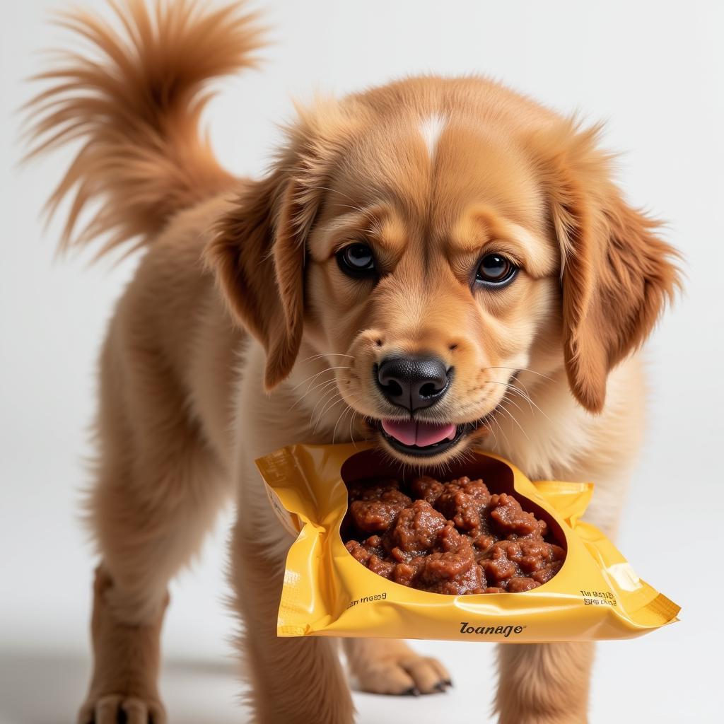 A happy dog enjoying a meal from a dog food packet