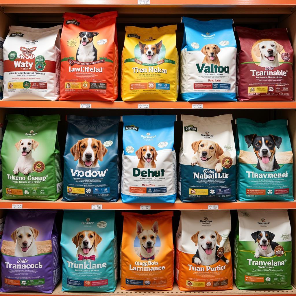 Various dog food 30lb bags on display