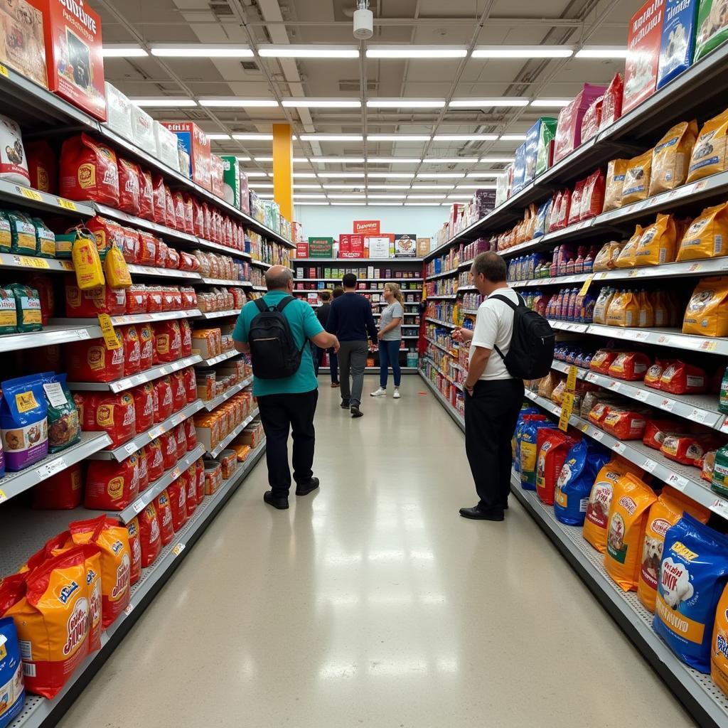 Aisle dedicated to dog food in a Miami pet store