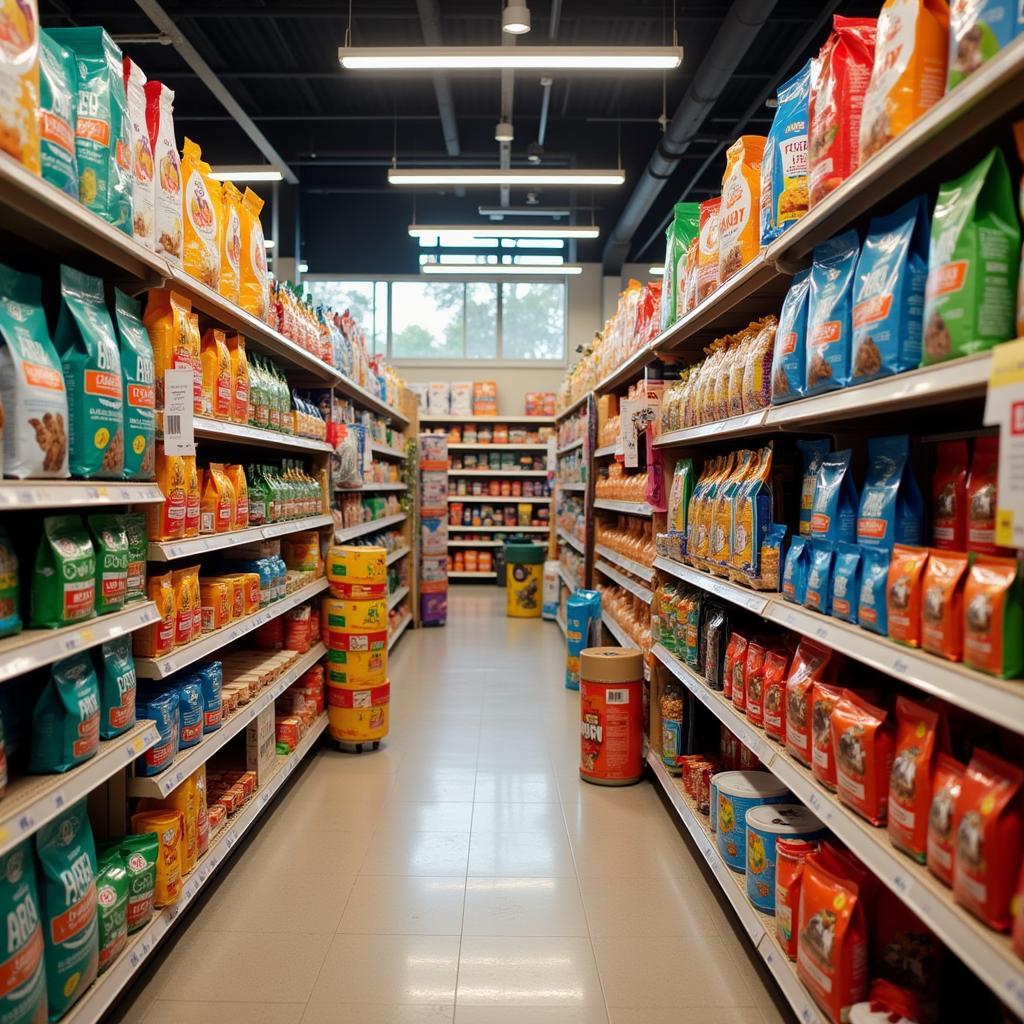 A variety of dog food bags neatly arranged on a supermarket shelf