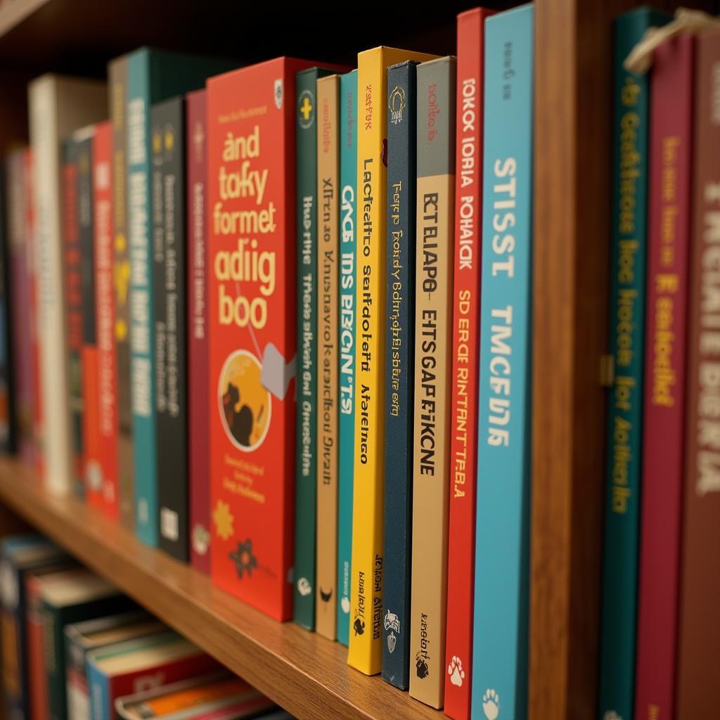 Colorful dog food books neatly arranged on a wooden shelf