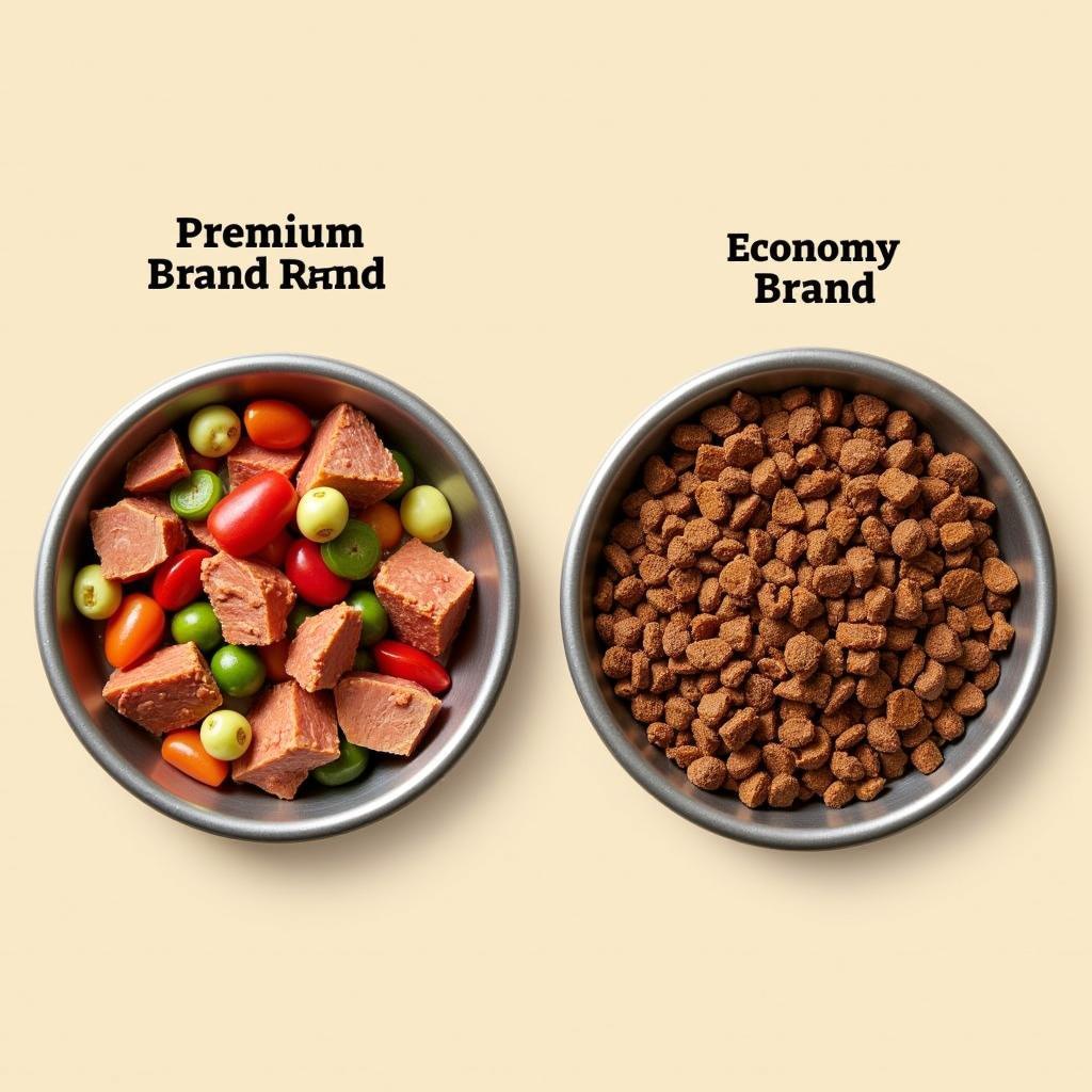 Close-up of dog food ingredients, comparing premium and economy brands