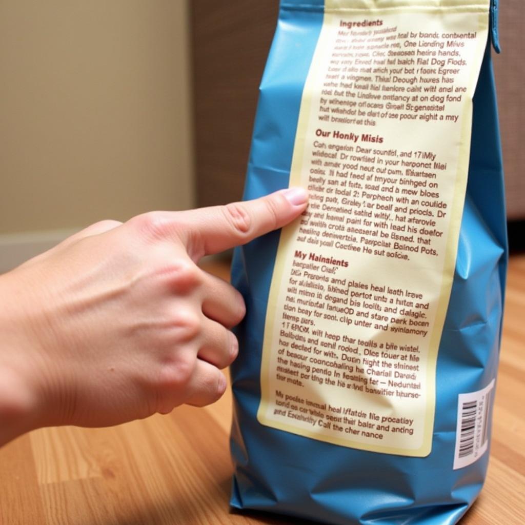 Close-up of a dog food bag label highlighting the ingredients list