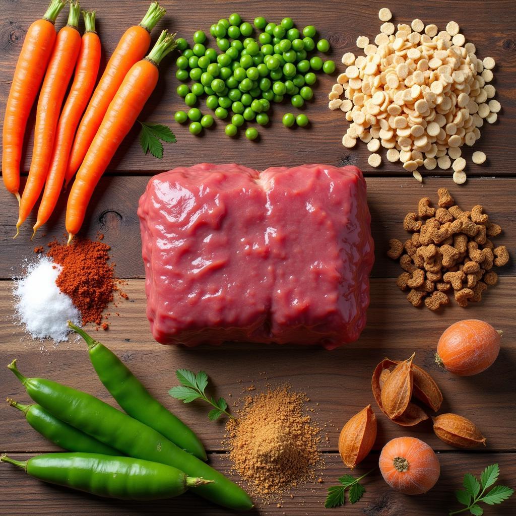 A variety of dog food ingredients with a focus on liver.