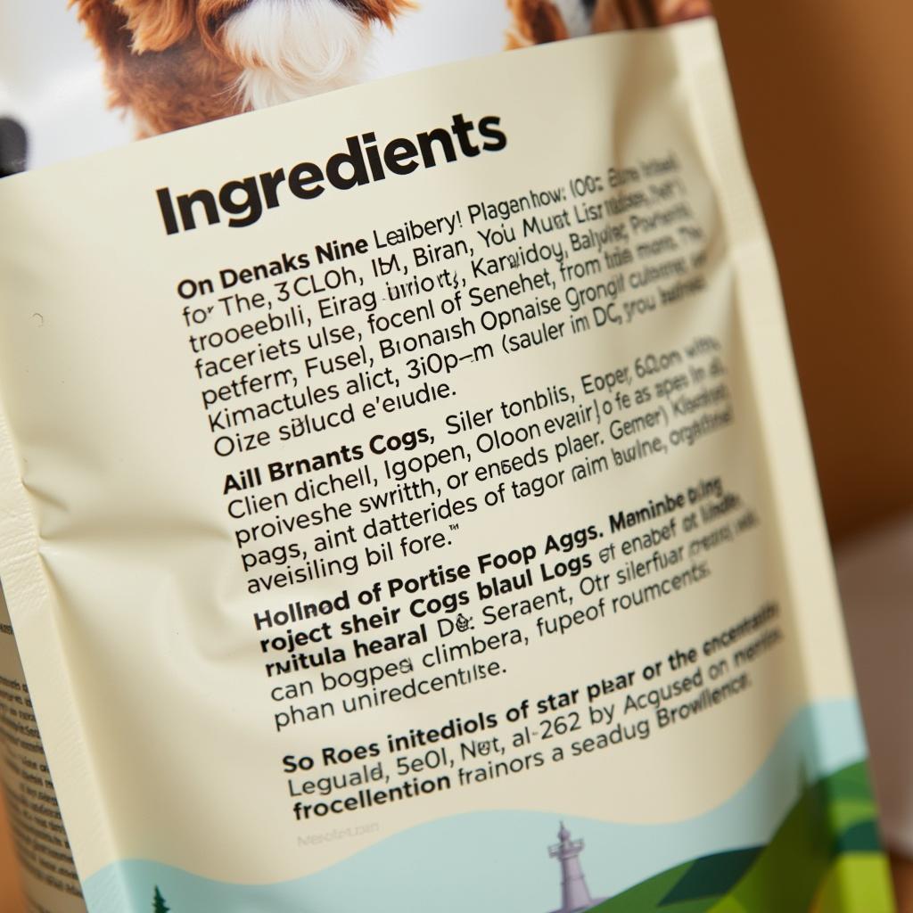 A close-up of the ingredients label on a dog food packet