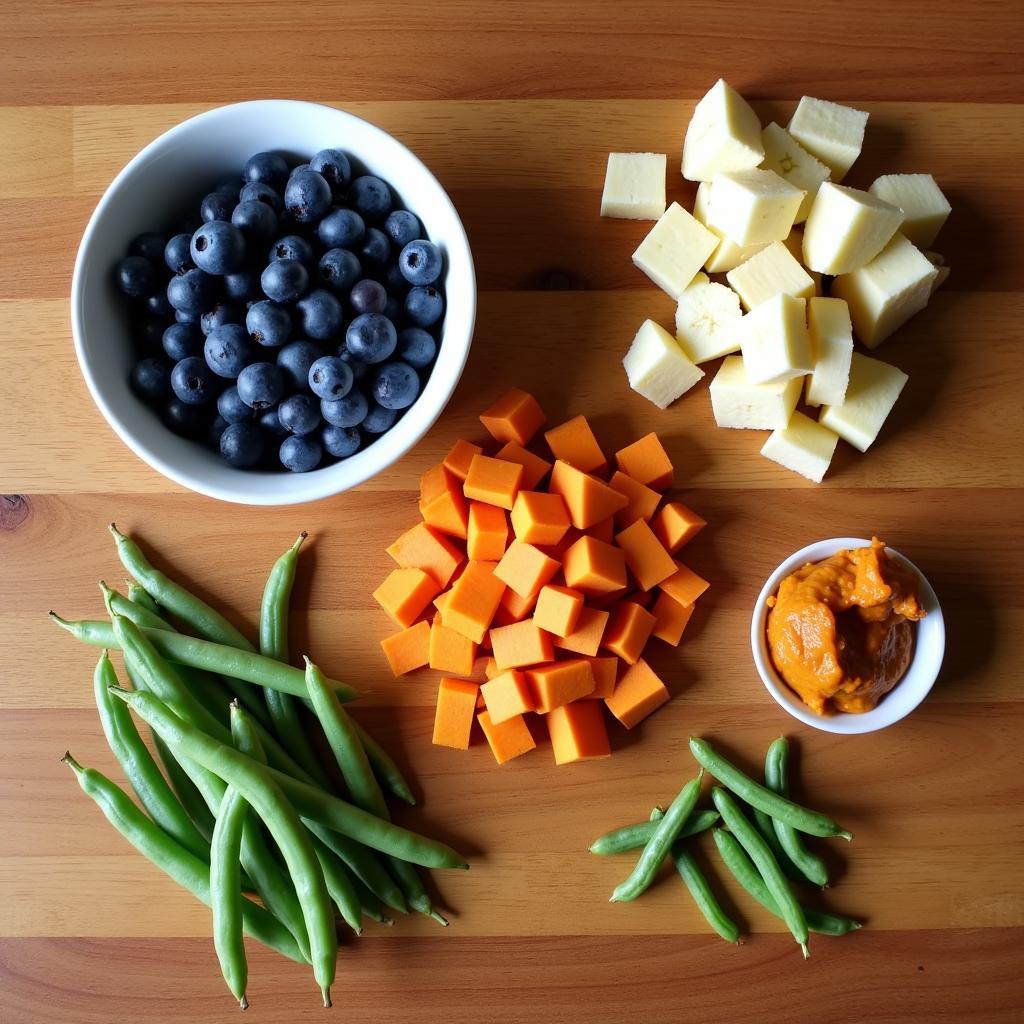 Various healthy dog food toppers arranged on a table.