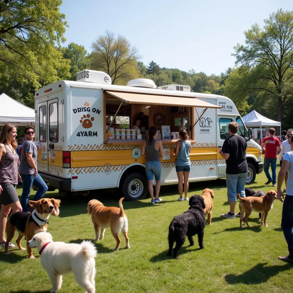 Dog food truck parked at a community event with people and dogs enjoying themselves.