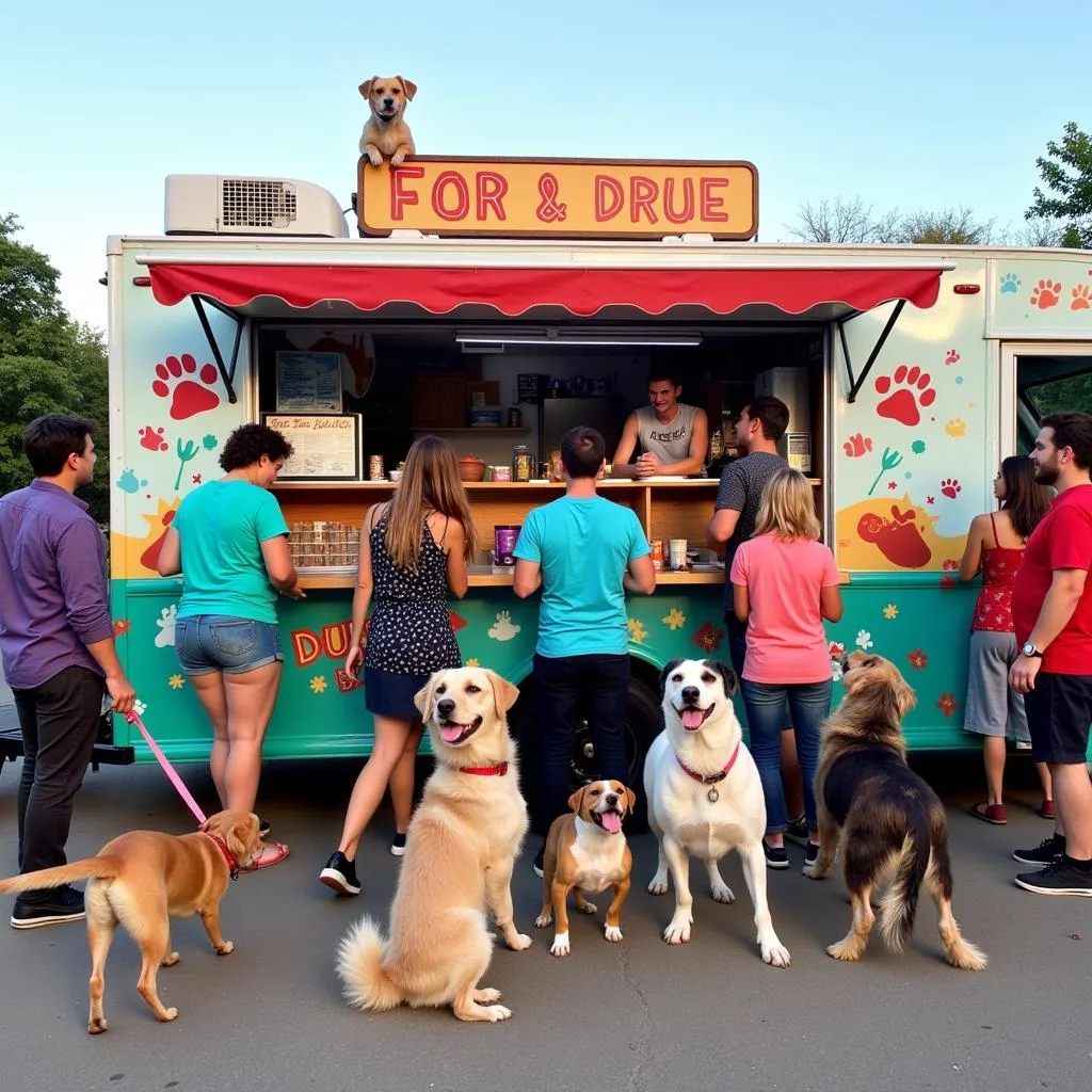 Dog food truck with a line of happy customers