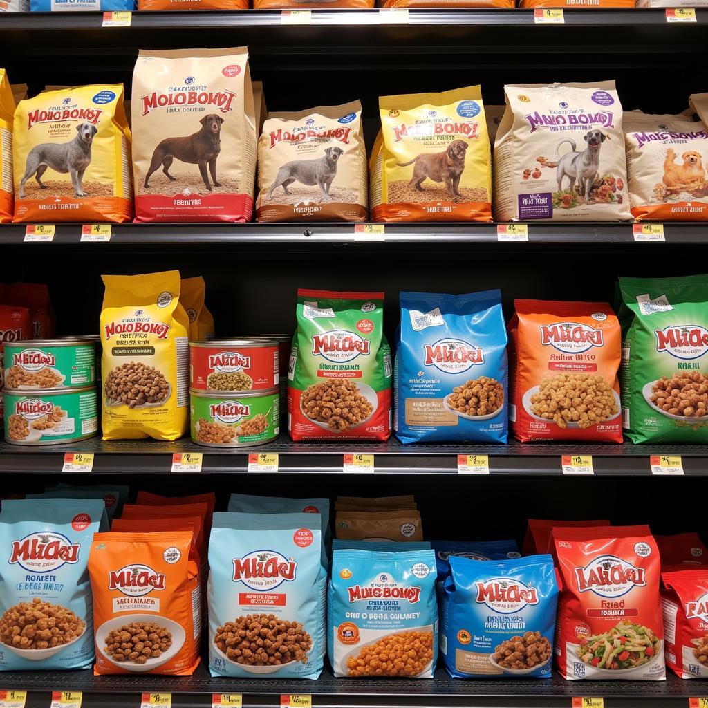 Various types of dog food displayed on shelves