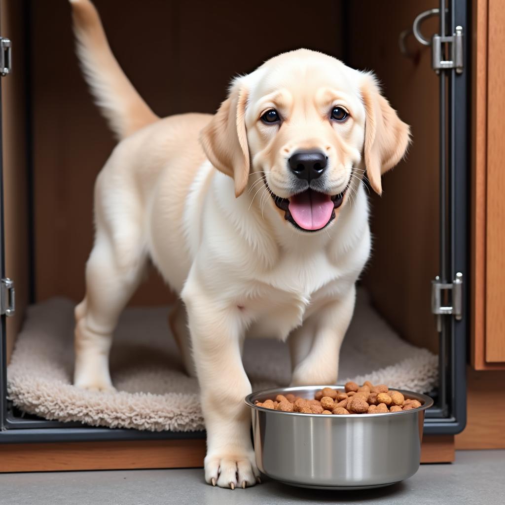 A happy Labrador Retriever puppy happily eating from a stainless steel crate bowl