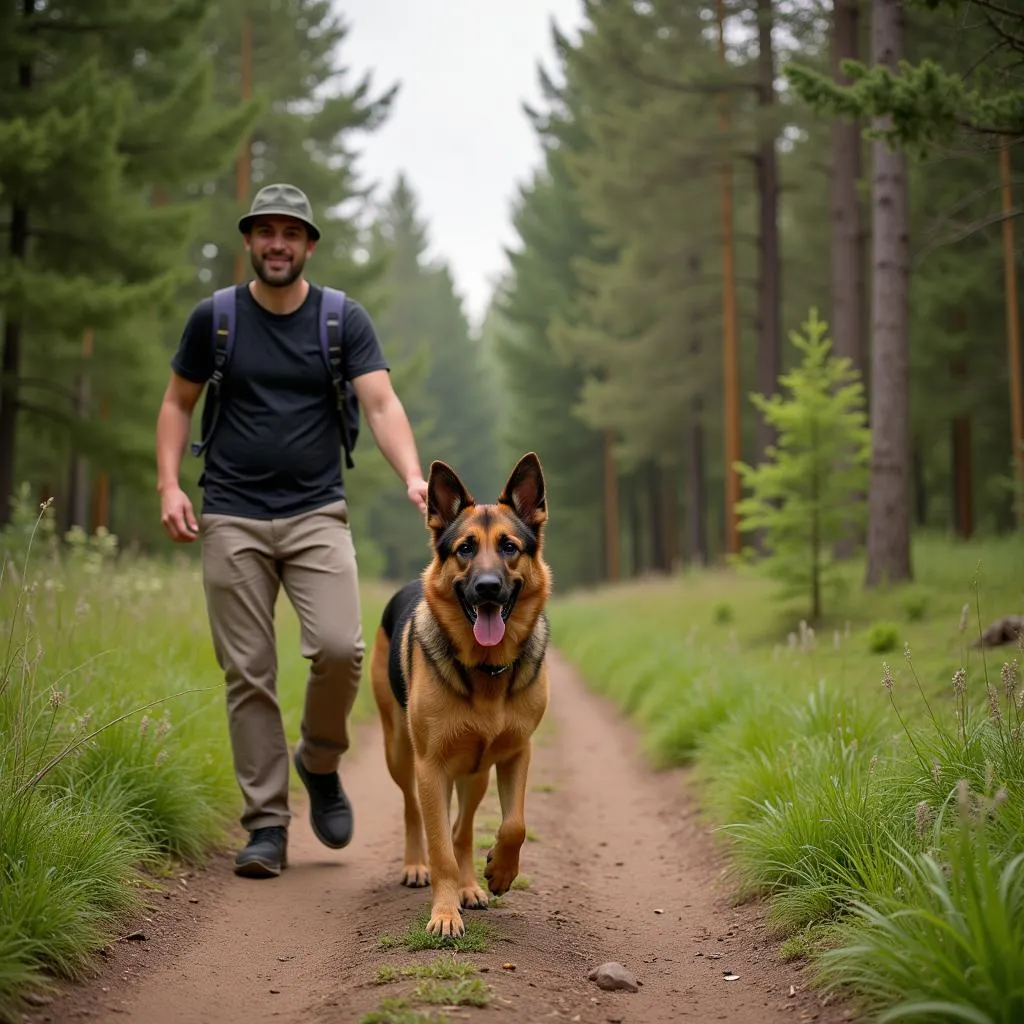 Dog hiking with owner