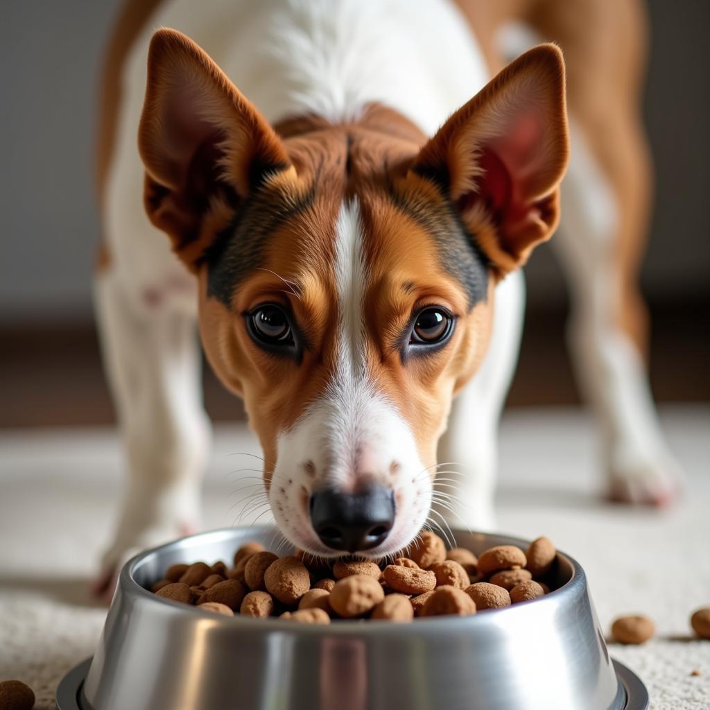 A curious dog looking intently at a bowl of kibble