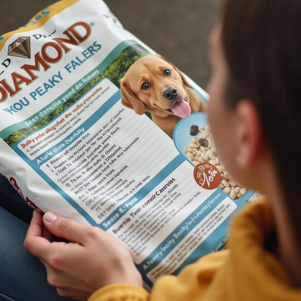 A dog owner carefully reads the ingredient list on a diamond dog food 50 lb bag.