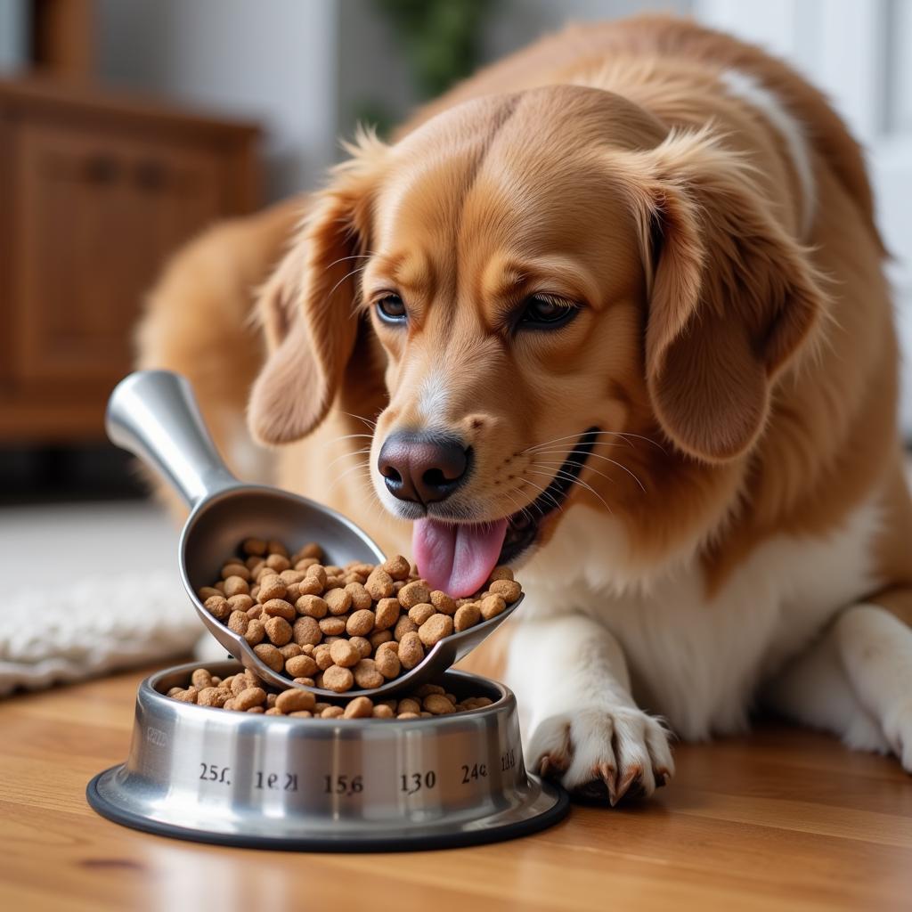 Dog owner measuring food with a cup