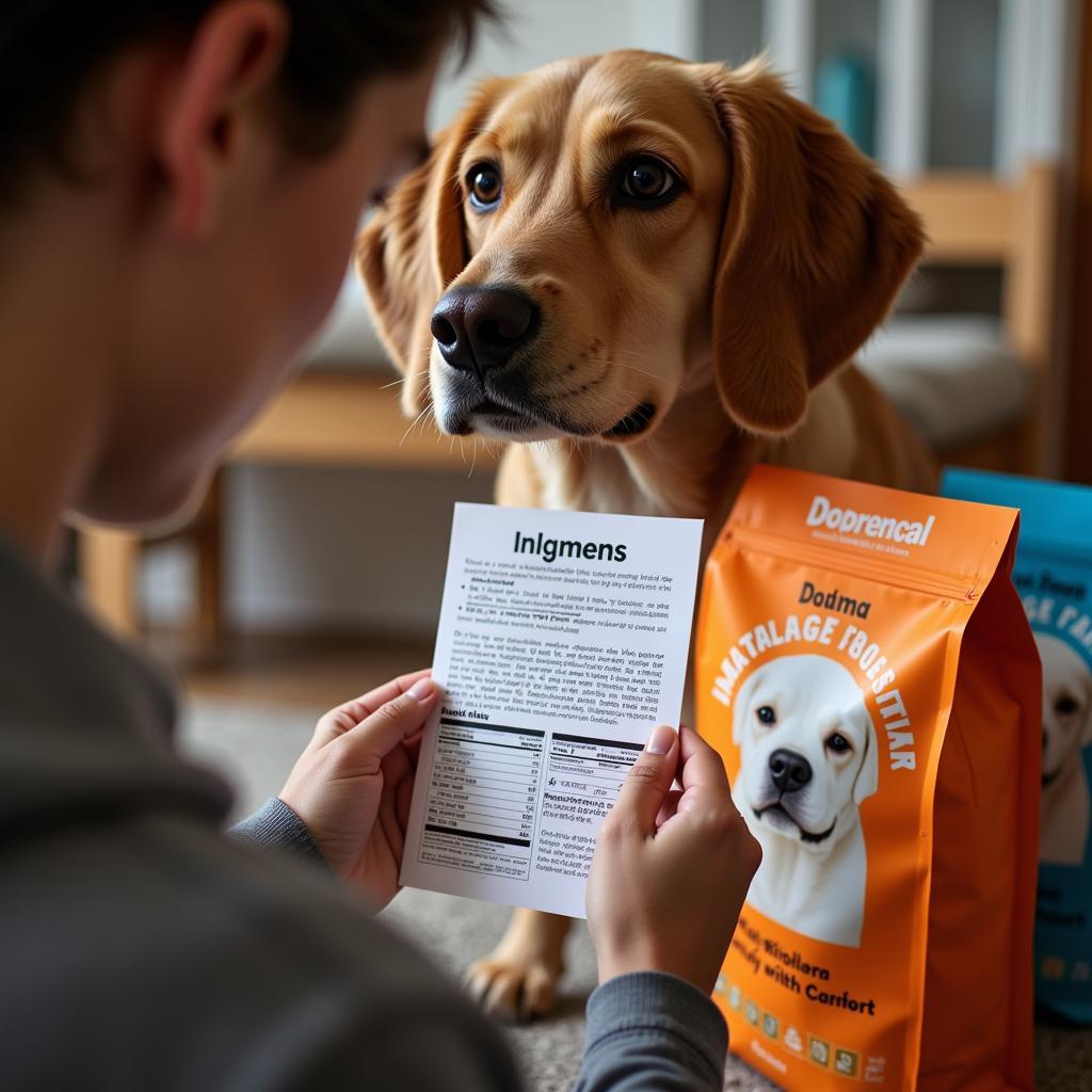 Dog Owner Reading Dogma Dog Food Bag