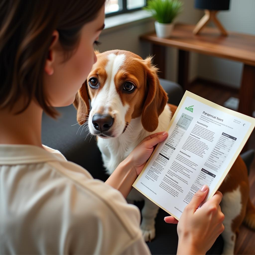 A dog owner carefully examining a bag of dog food