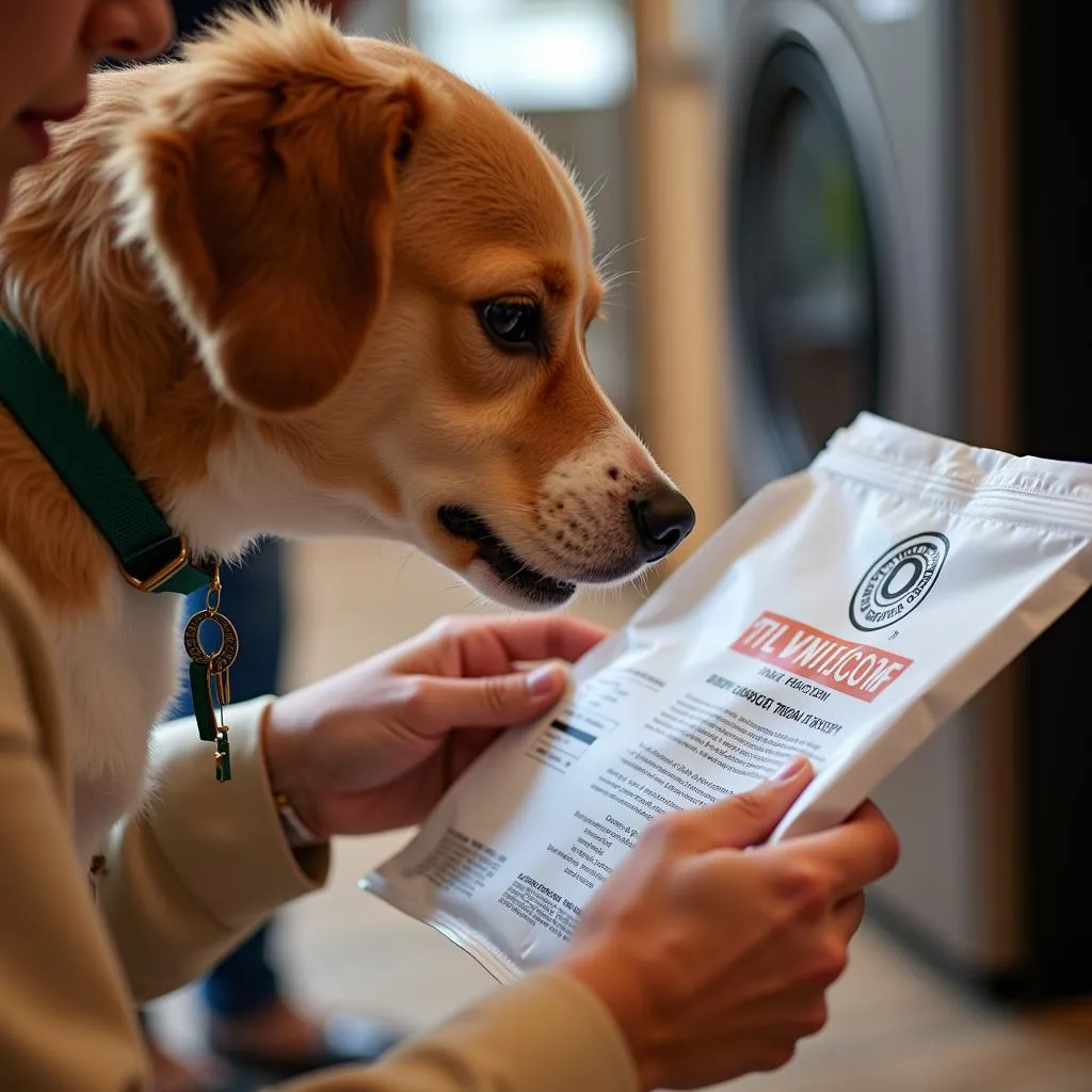 Dog owner reading Optima dog food label