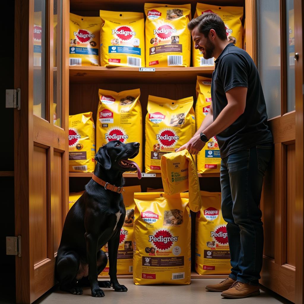 A dog owner organizing bags of wholesale Pedigree dog food in a clean and dry storage space.