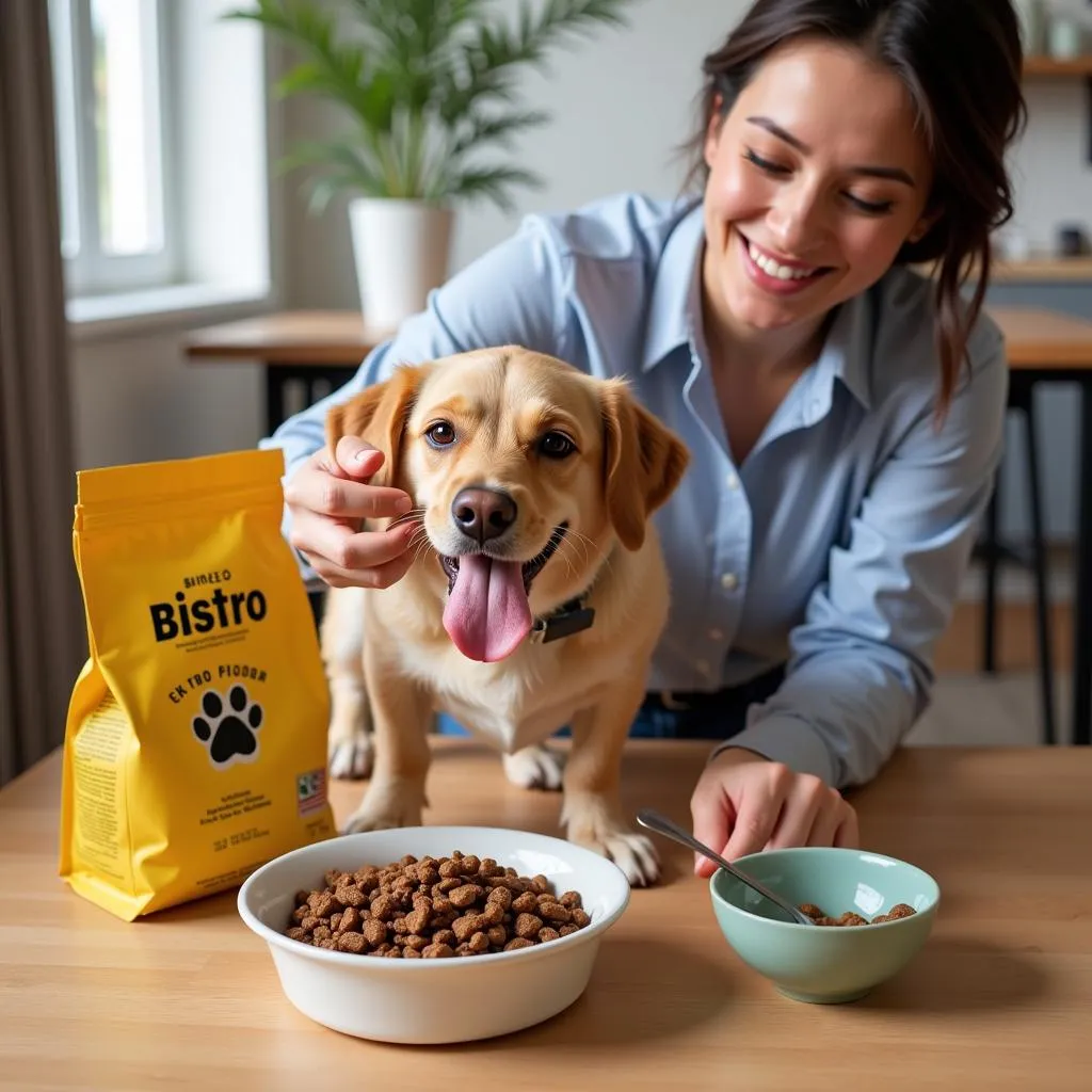 Dog owner carefully transitioning their pet to bistro food