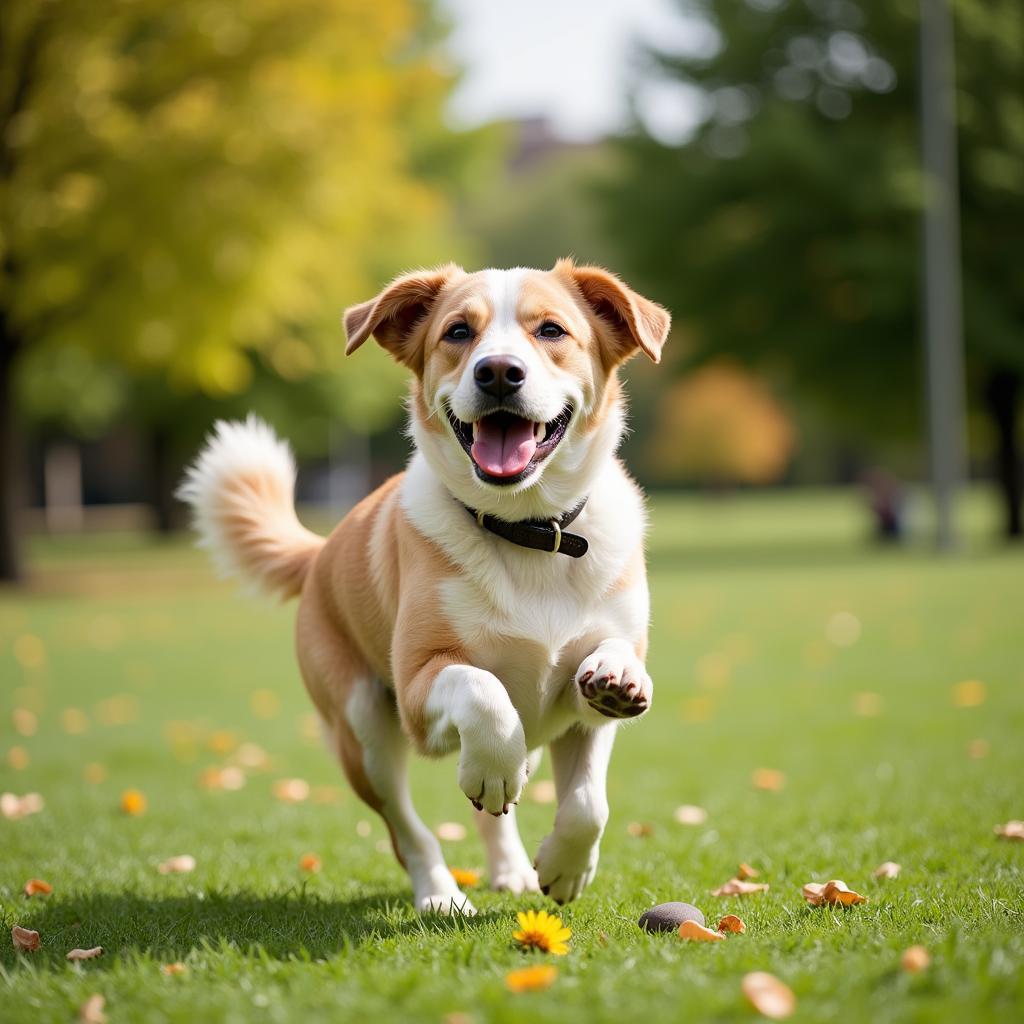 A happy dog playing fetch in a park, representing a holistic approach to pet health