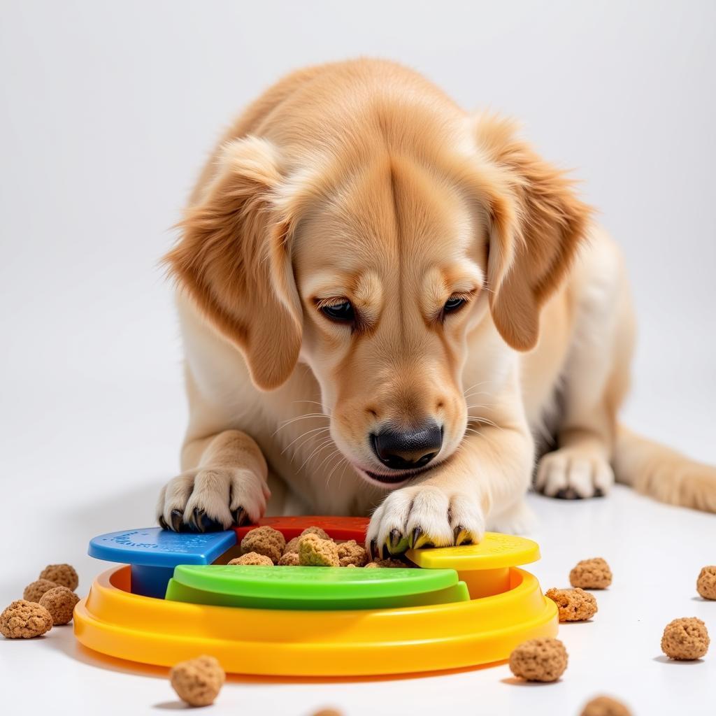 Dog playing with a food puzzle