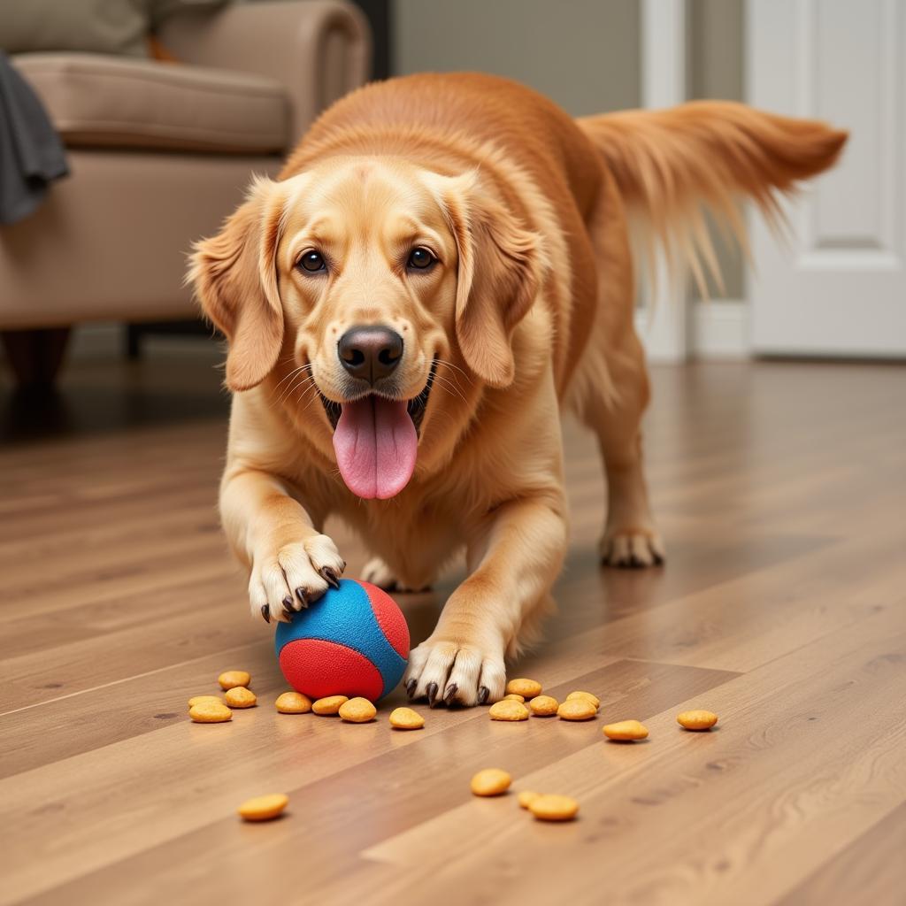 Dog happily playing with a food dispensing toy