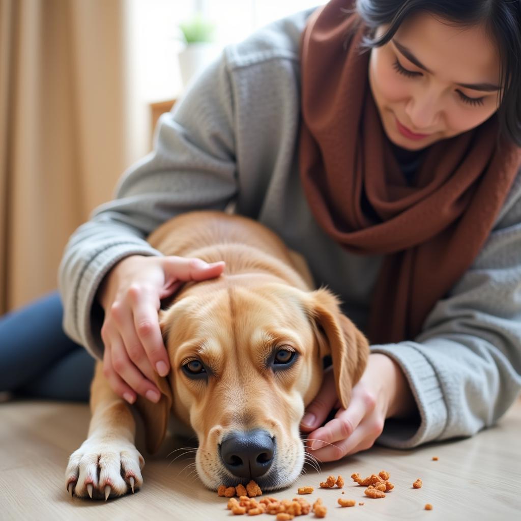 A worried dog owner comforting their furry friend who is throwing up undigested food