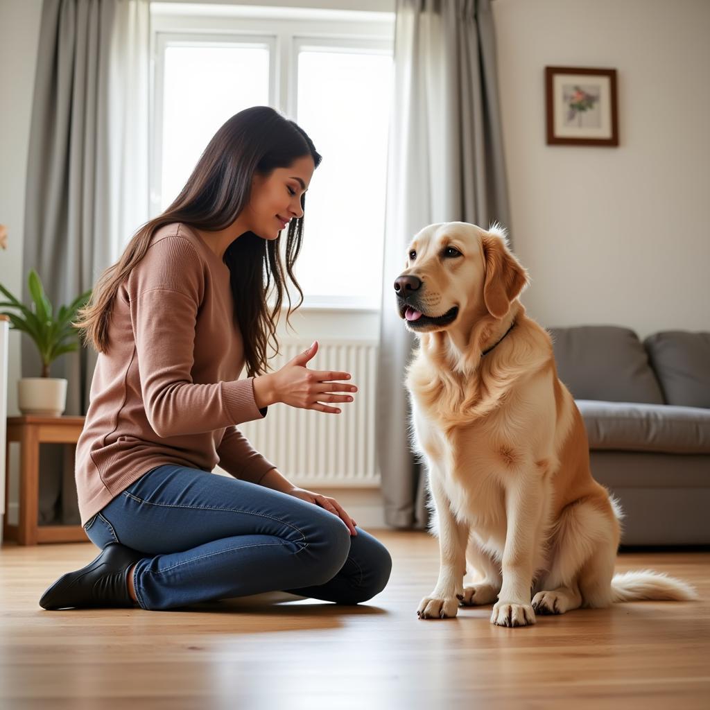 Dog owner training their dog with a "leave it" command