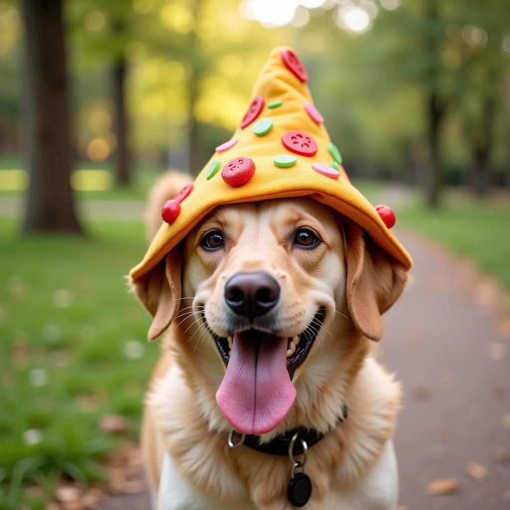 Dog with Joy Food Hat on a Walk