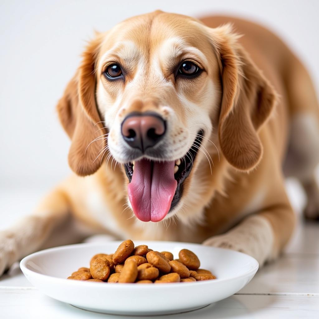 A close-up of a dog with visible tartar buildup eating kibble from a bowl