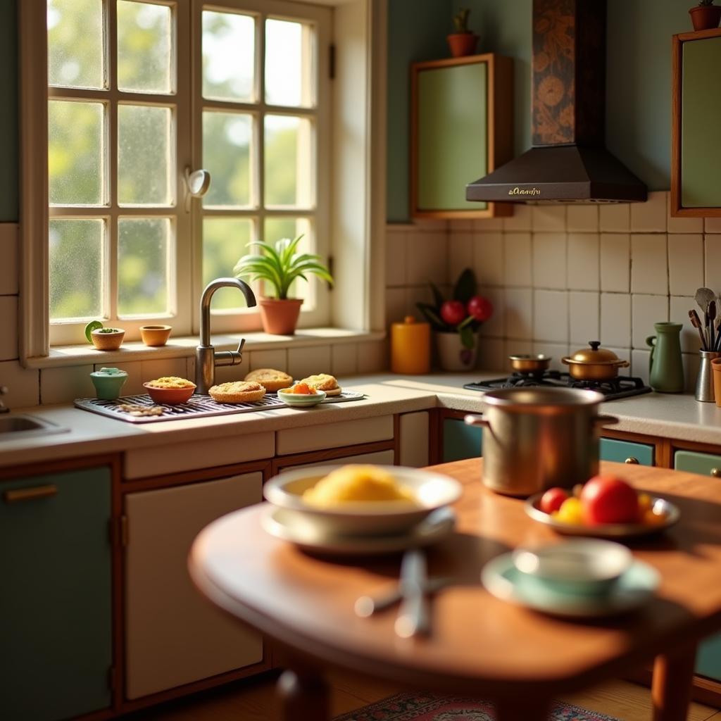 Dollhouse miniature kitchen with miniature food meticulously arranged on the counter and table