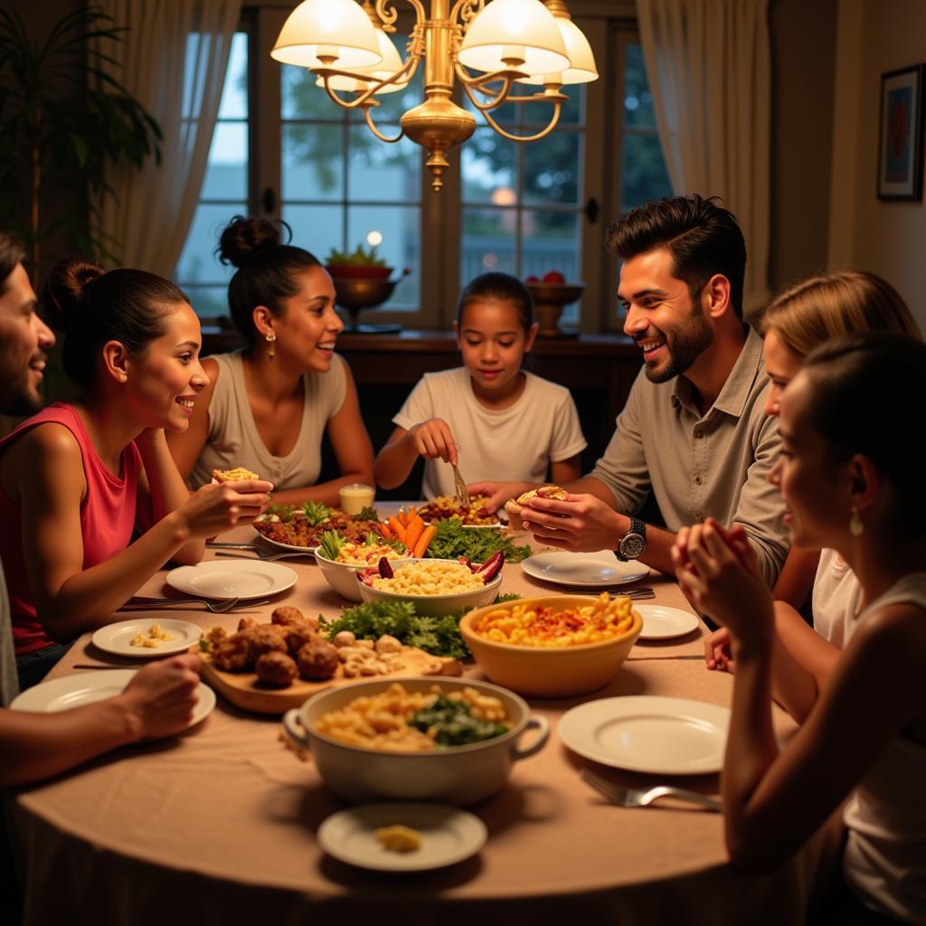 A Dominican family gathered around a table, sharing laughter and enjoying traditional party food