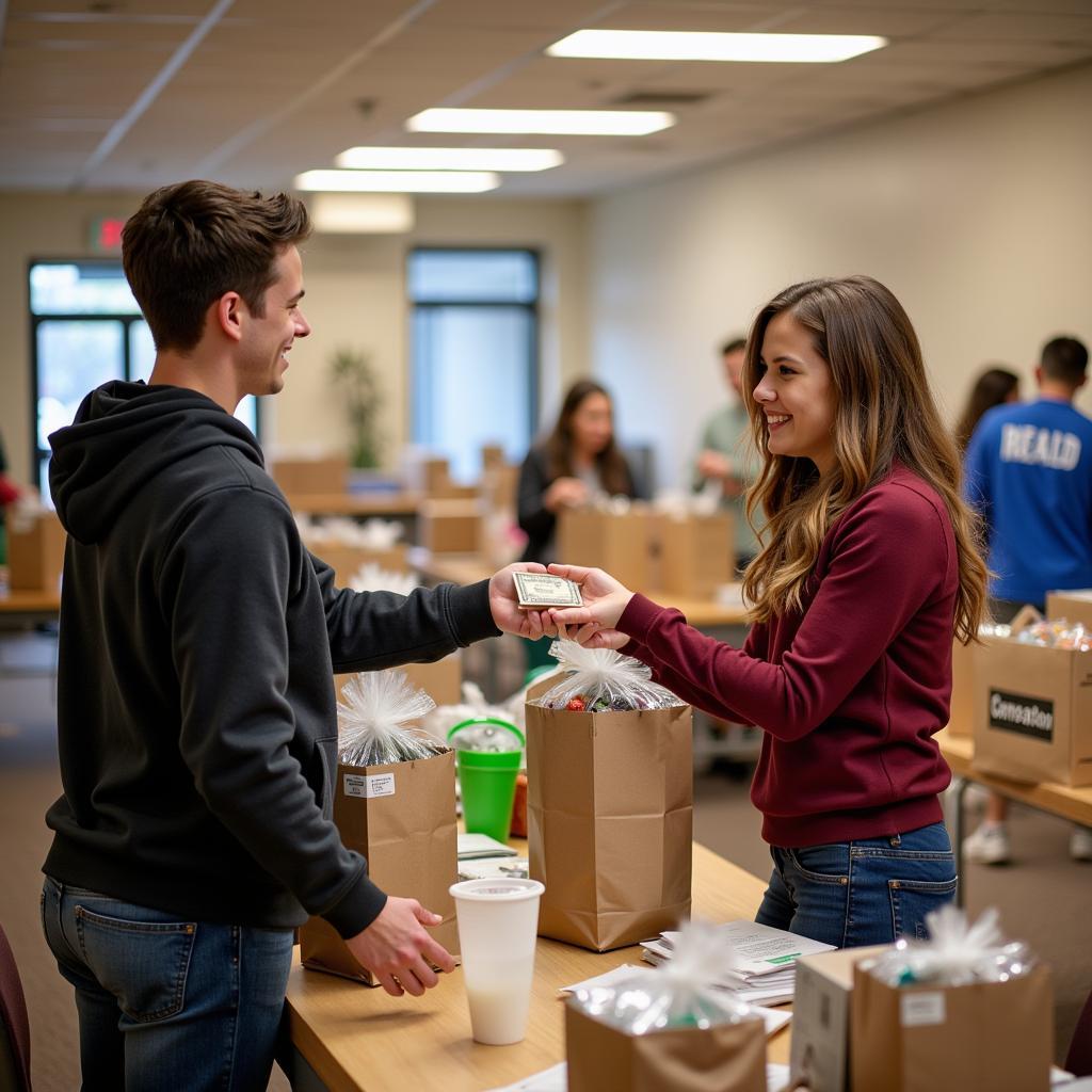 Donating food and money at the food pantry