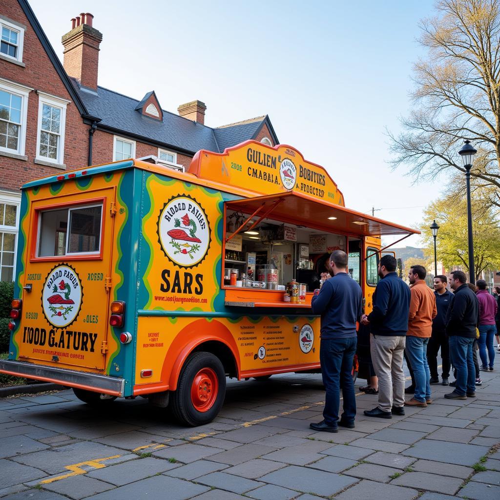 Don's Dogs Food Truck parked on a busy street corner, serving a line of eager customers.