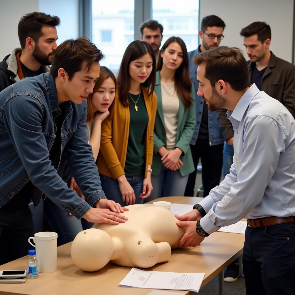  A group of people participating in a first-aid training course.