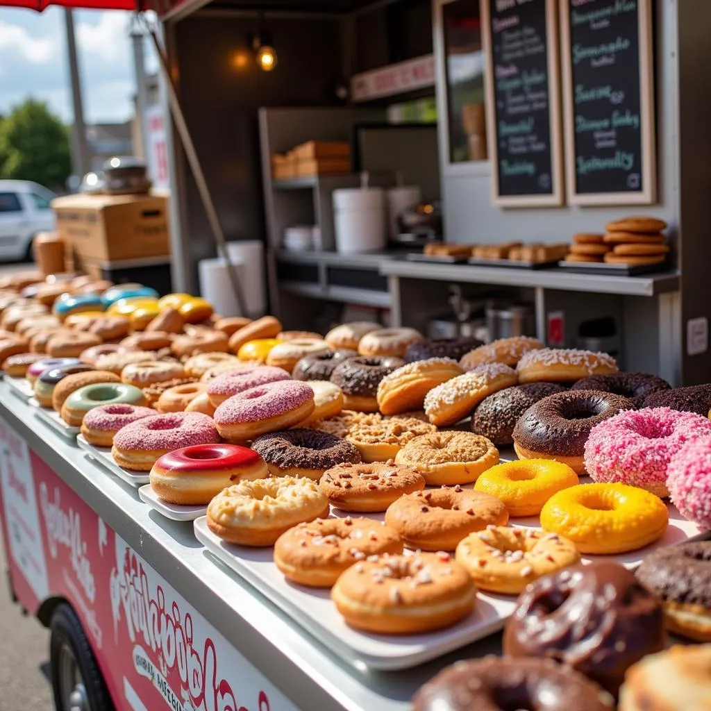 Assortment of Doughnuts and Cookies on a Food Truck Counter