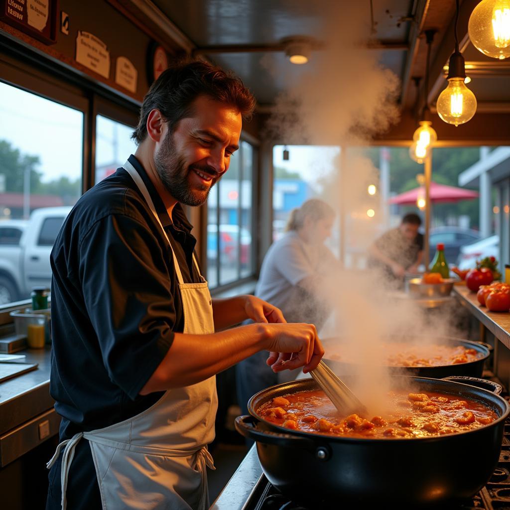 Chef stirring a pot of gumbo inside the food truck