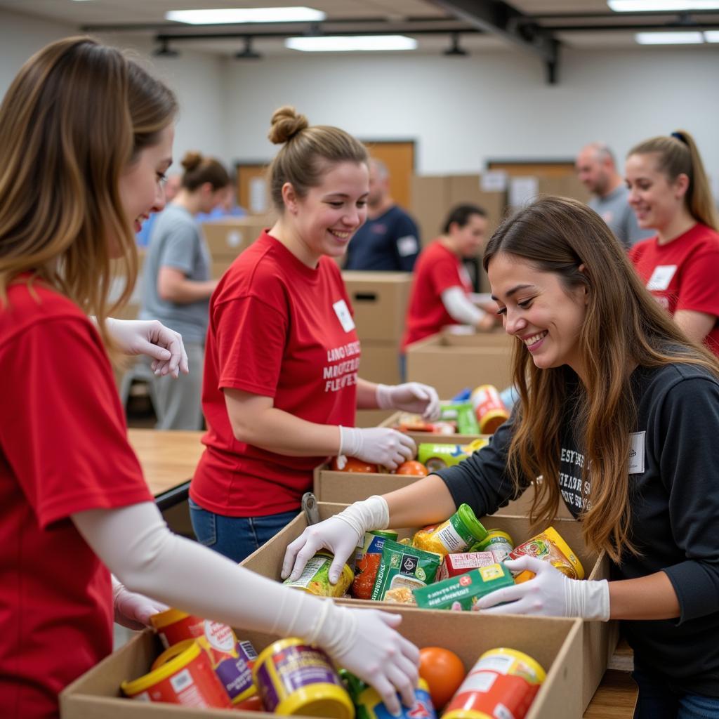 Volunteers stocking shelves at a Downers Grove food pantry