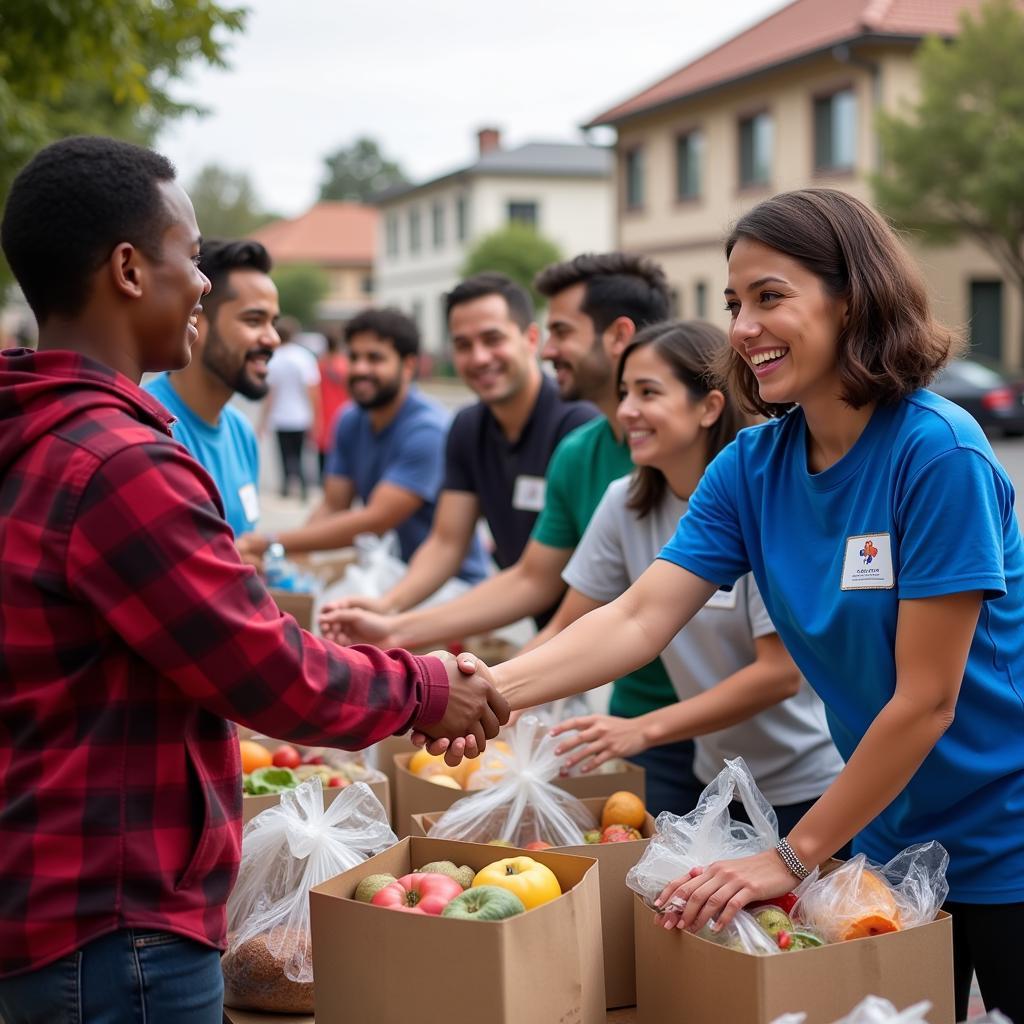 Volunteers and community members interacting at the Downey First Christian Church food distribution