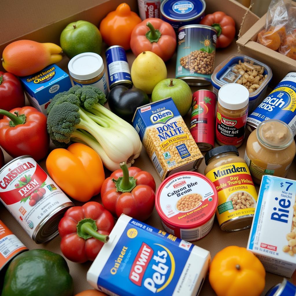 Various food donations ready to be distributed at the Downey First Christian Church