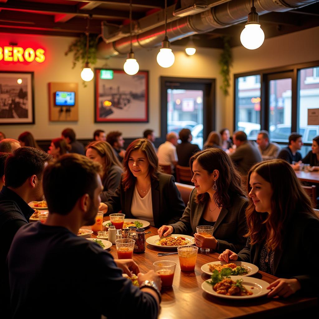 A lively scene inside a popular Mexican restaurant in downtown Waco, showing patrons enjoying their meals and the vibrant ambiance.