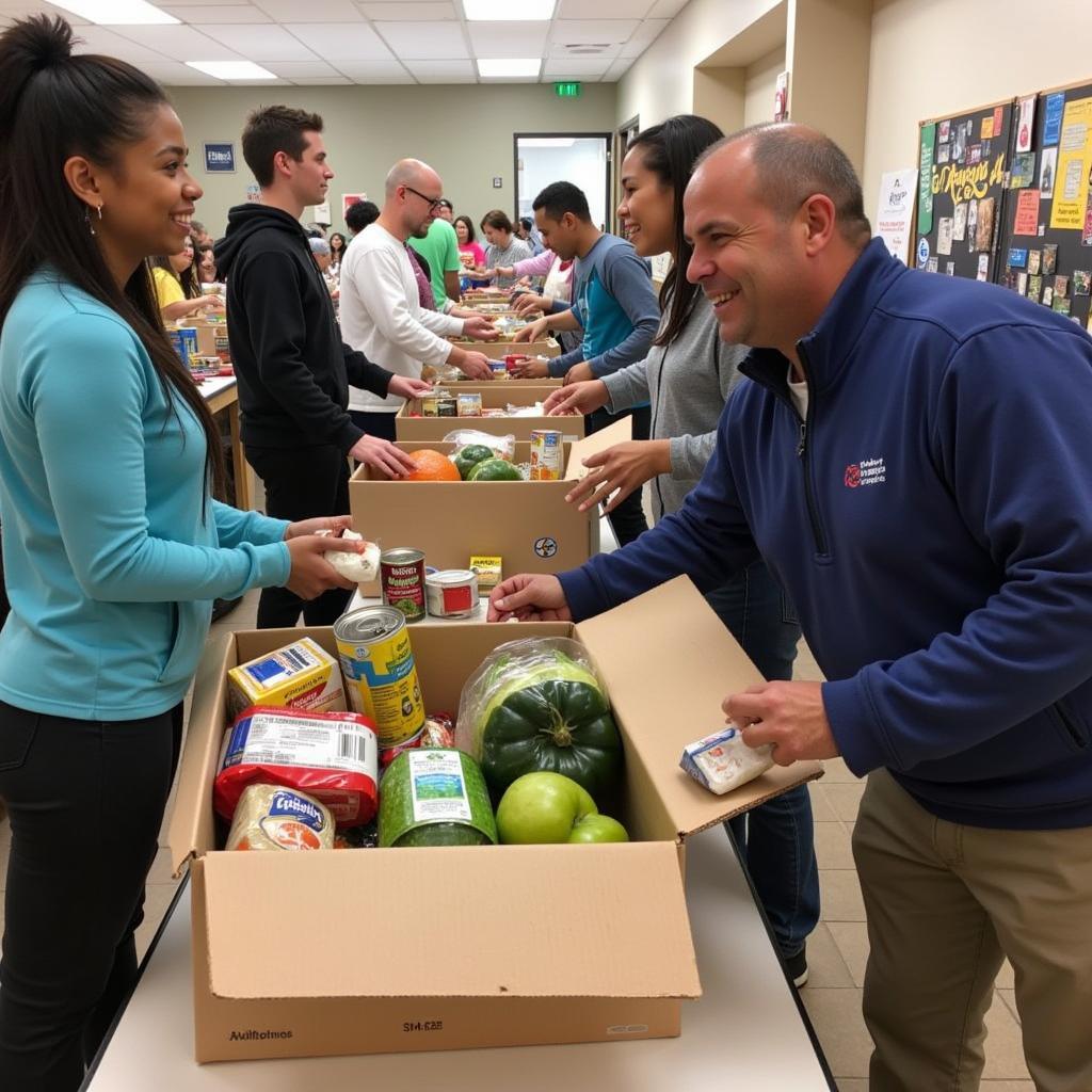 Drake Neighborhood Food Pantry volunteers distributing food boxes to community members.